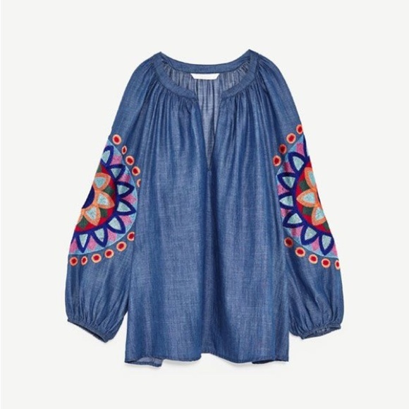 Zara Chambrey Top with Embroidered Sleeves - Picture 3 of 10
